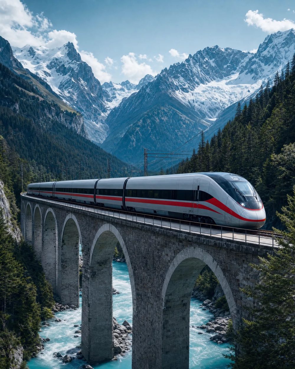 ÖBB Railjet train crossing an Alpine viaduct on the Vienna to Zurich route, snow-capped peaks behind