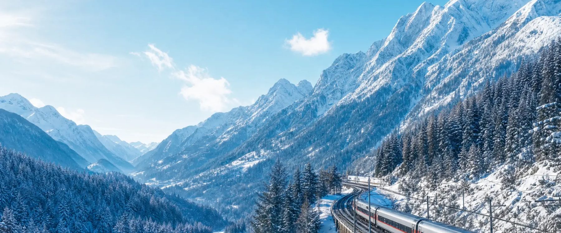 A Railjet train curving through a snowy Alpine valley between Austria and Switzerland